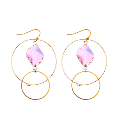 Gold Plated Dangle Enamel Double Circle Loop Hoop Earrings Oval Zircon Hook Drop