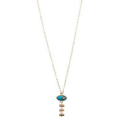2 Pearls Handmade Chain Link Necklace Set With Gold Plated Oval Turquoise
