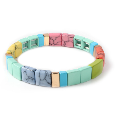 Square Shaped Enamel Tile Bead Bracelet Elastic Natural Stone Print Color