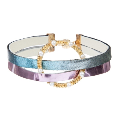 OEM ODM Handmade Leather Bracelet , Double Metallic Womens Leather Charm Bracelet