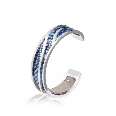 C type Handmade Leather Cuffs , Dark Blue Silver Foiled Pattern Brass Cuff Bracelet