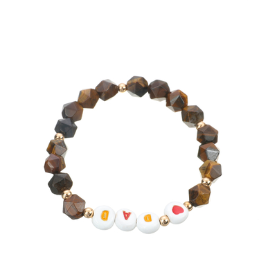 KC Jewelry Stretchy Beaded Letter Bracelet , 8mm Faced Tiger Eye Stone Bracelet