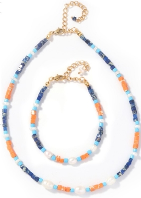 16&quot; length Freshwater Pearl Bracelet With Squared Lapid Blue Vein Orange Stone