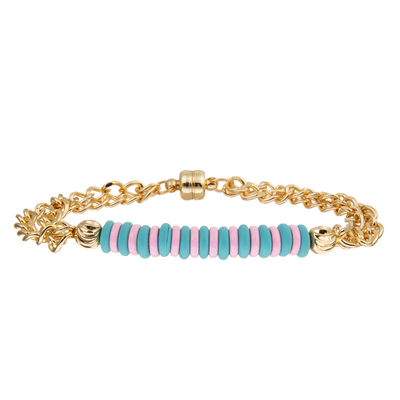 Blue And Pink Beads Gold Plated Chain Link Bracelet With Magnetic Adsorption