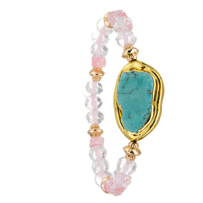 White Transparent Faceted Beads Bracelet With Gold Plated Irregular Turquoise Stone
