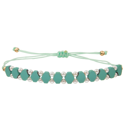 Crystal Glass Beads Metal Handmade Chain Link Bracelets With Hexagonal Turquoise