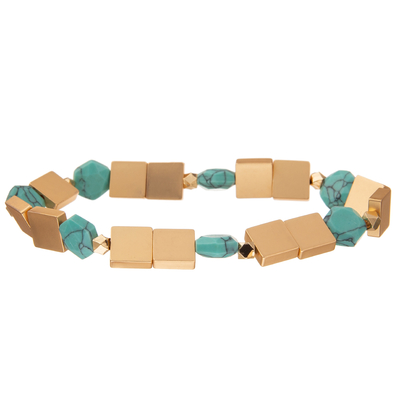 Crystal Glass Beads Metal Handmade Chain Link Bracelets With Hexagonal Turquoise