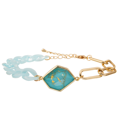 Crystal Glass Beads Metal Handmade Chain Link Bracelets With Hexagonal Turquoise