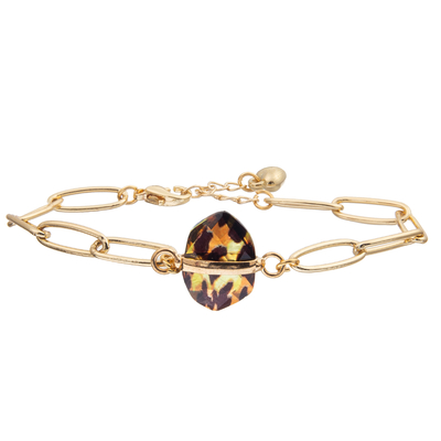 PaperClip Chain Link Bangle Bracelet Set With Gold Plated Faceted Turquoise