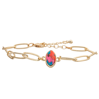 PaperClip Chain Link Bangle Bracelet Set With Gold Plated Faceted Turquoise