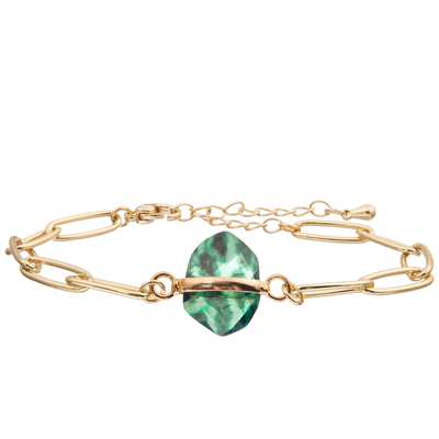 PaperClip Chain Link Bangle Bracelet Set With Gold Plated Faceted Turquoise