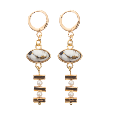 Chain Buckle Enamel Hoop Earrings Set With Gold Plated Oval Turquoise 2 Pearls