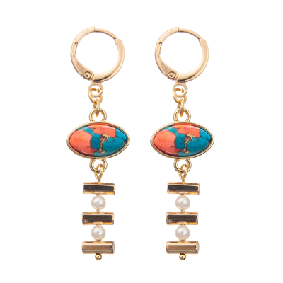 Chain Buckle Enamel Hoop Earrings Set With Gold Plated Oval Turquoise 2 Pearls