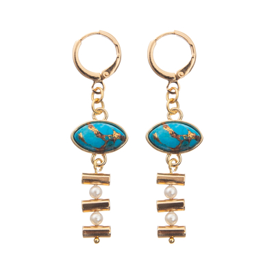 Chain Buckle Enamel Hoop Earrings Set With Gold Plated Oval Turquoise 2 Pearls