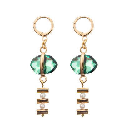 Chain Buckle Enamel Hoop Earrings Set With Gold Plated Oval Turquoise 2 Pearls