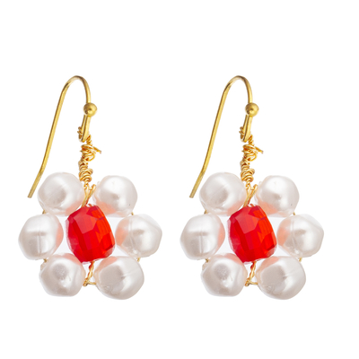 White Flower Red Faceted Glass Beads Freshwater Pearl Earrings Set for Women
