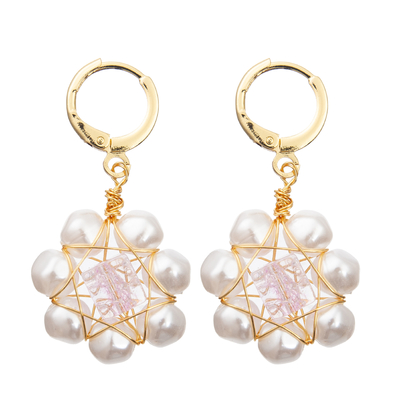 White Flower Red Faceted Glass Beads Freshwater Pearl Earrings Set for Women