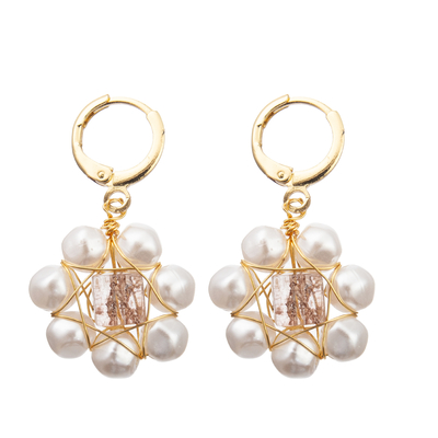 White Flower Red Faceted Glass Beads Freshwater Pearl Earrings Set for Women