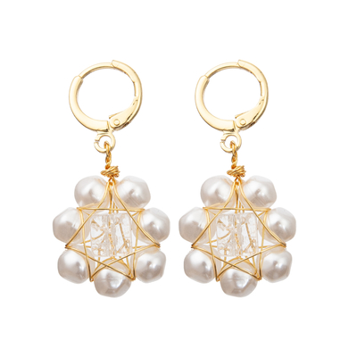 White Flower Red Faceted Glass Beads Freshwater Pearl Earrings Set for Women