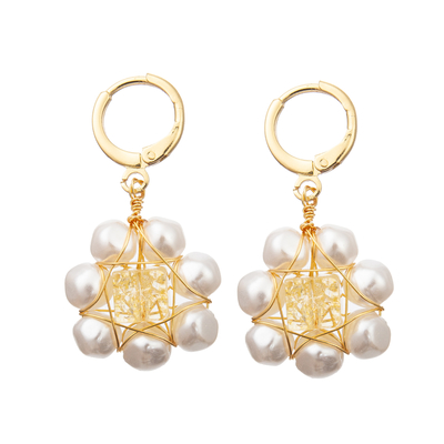 White Flower Red Faceted Glass Beads Freshwater Pearl Earrings Set for Women