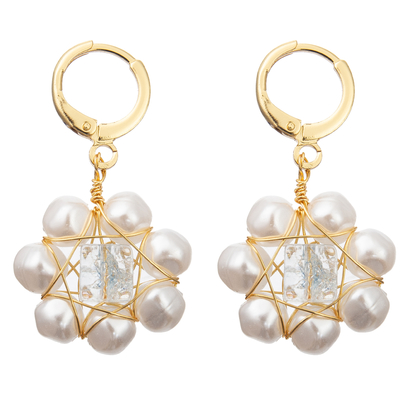 White Flower Red Faceted Glass Beads Freshwater Pearl Earrings Set for Women