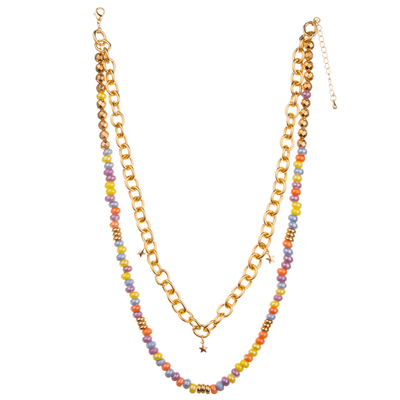 Wholesale 14K Gold-Plated Pendant Paper Clip Chain Link Multicolor Beaded Necklace Set