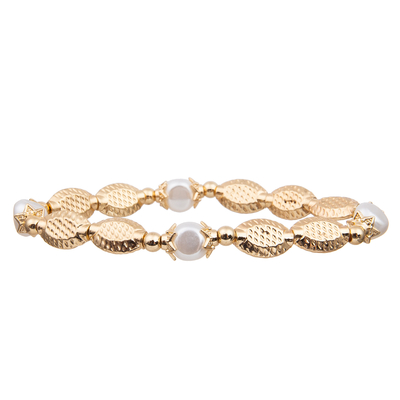 Custom Gold Texture Oval Beads With Natural Fresh Water Pearl  Stretchy Handmade Beads Bracelets