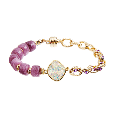 stretchy 6*8mm Beaded Stone Bracelet with gold plated chain