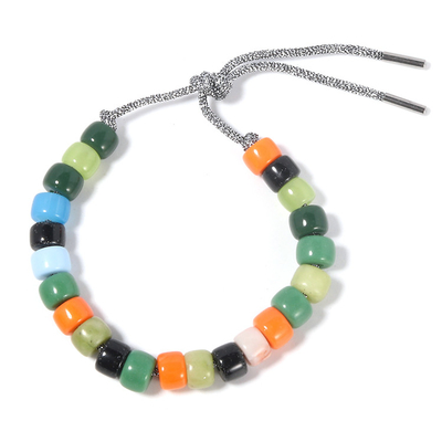 Green mixture colored Forte Beads adjustable Bracelet with shinny silver strand