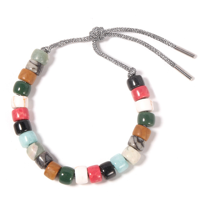 Gray Jasper Forte Beads Bracelet , Silver Cord Jasper Bead Bracelet 16.2g
