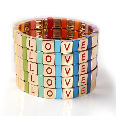 Gold Color Love Letter Enamel Tile Bracelet Elastic For Beach Party