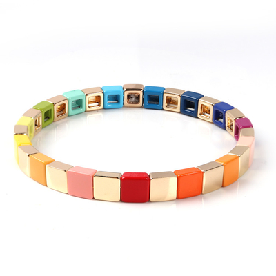 Geometric Enamel Tile Bracelet , Multicolor Stretch Beaded Bracelets
