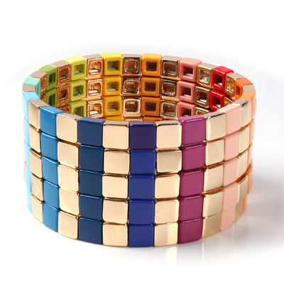 Geometric Enamel Tile Bracelet , Multicolor Stretch Beaded Bracelets