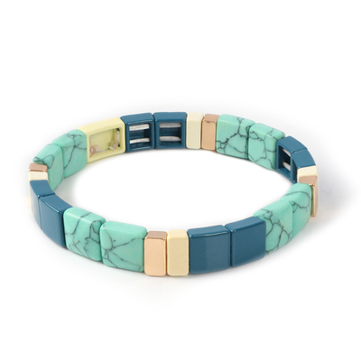 Square Shaped Enamel Tile Bead Bracelet Elastic Natural Stone Print Color