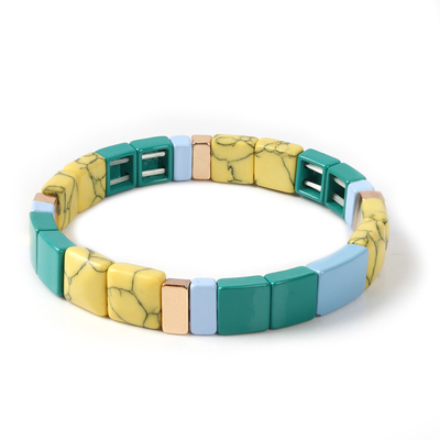 Square Shaped Enamel Tile Bead Bracelet Elastic Natural Stone Print Color