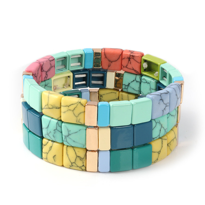Square Shaped Enamel Tile Bead Bracelet Elastic Natural Stone Print Color