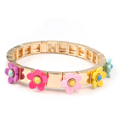 Stretch Elastic Enamel Tile Bracelet Flower Blossing Painted Spring Color