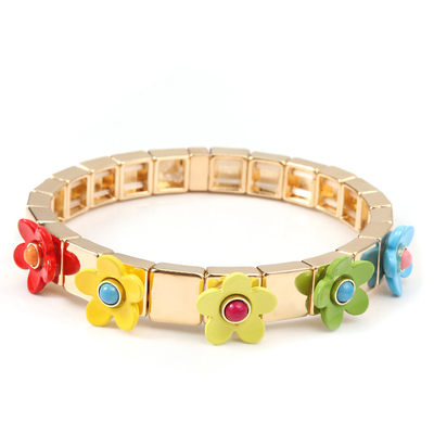 Stretch Elastic Enamel Tile Bracelet Flower Blossing Painted Spring Color