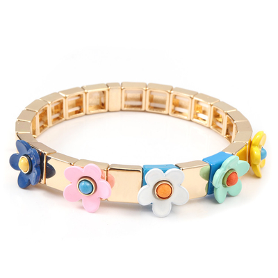 Stretch Elastic Enamel Tile Bracelet Flower Blossing Painted Spring Color
