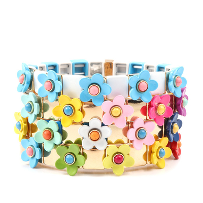 Stretch Elastic Enamel Tile Bracelet Flower Blossing Painted Spring Color