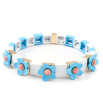 Stretch Elastic Enamel Tile Bracelet Flower Blossing Painted Spring Color