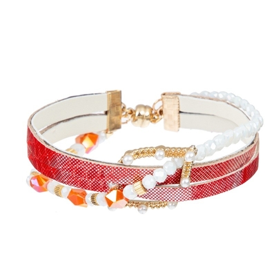 18.5cm Braided Leather Bracelet With Beads Multilayer Magnetic button