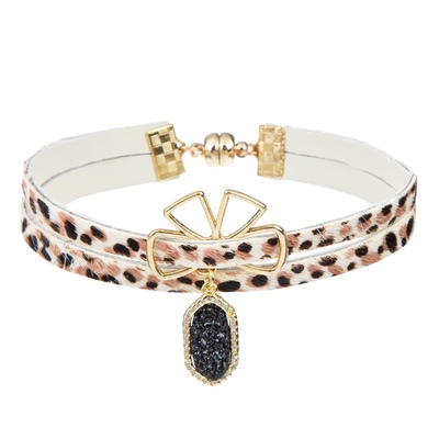 Boho Handmade Leather Bracelet Leopard Print Pendant For Teen Girl