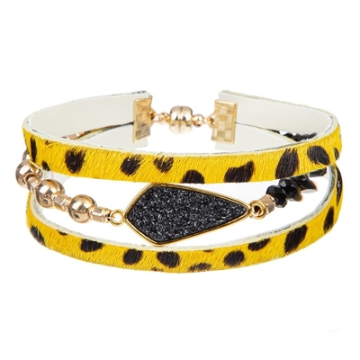 Druzy Handmade Leather Bracelet , Magnetic Button Leopard Wrap Bracelet For Women