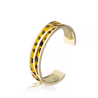 Yellow Leopard Leather Cuff Bracelet 14K Gold Plated Full Grain Leather Bracelet