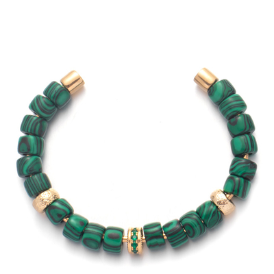 Screwed End Handmade Beaded Bangles Green Malachite And Gold Forte Beads