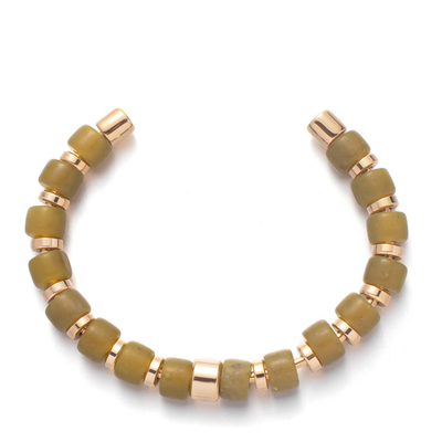 304 Stainless Steel Glass Bead Bangles Dark yellow green with Big Hole