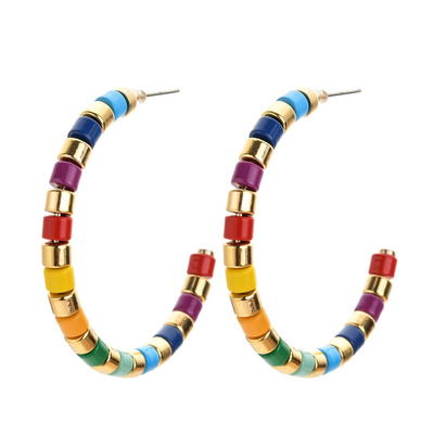 alloy bead Enamel Hoop Earrings , 45mm Rainbow Tila Bead Earrings