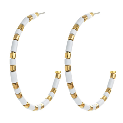 45mm Open Circle Beads Enamel Hoop Earrings C Shape White And Gold