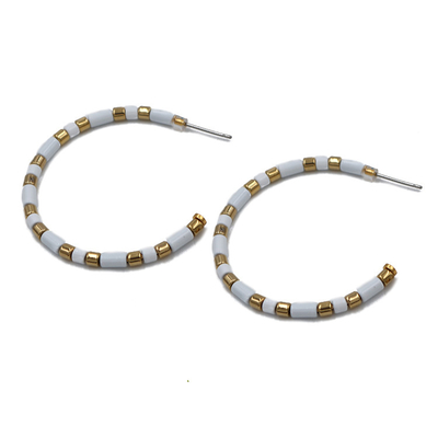 45mm Open Circle Beads Enamel Hoop Earrings C Shape White And Gold